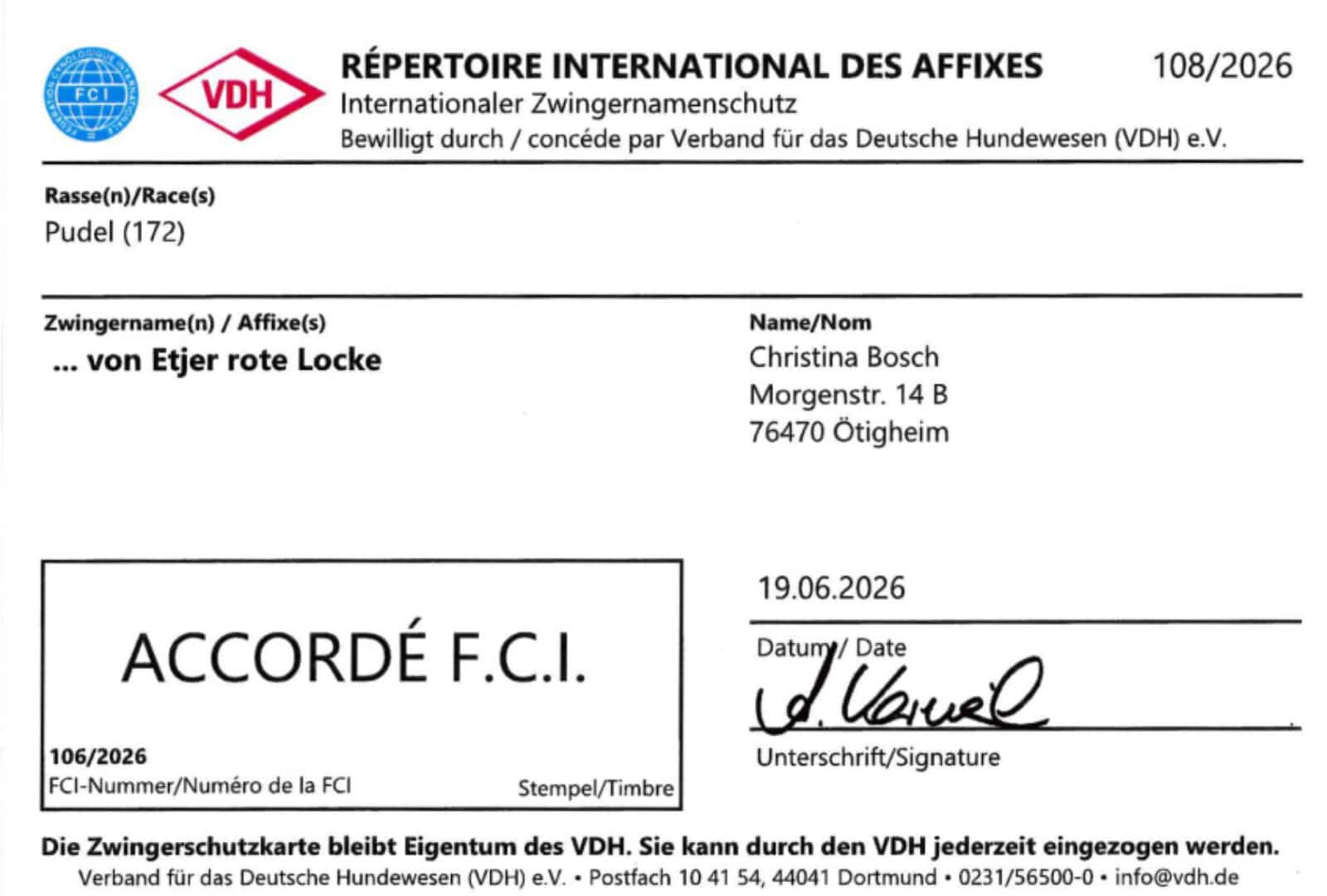 Zwingerschutzkarte VDH FCI - von Etjer rote Locke